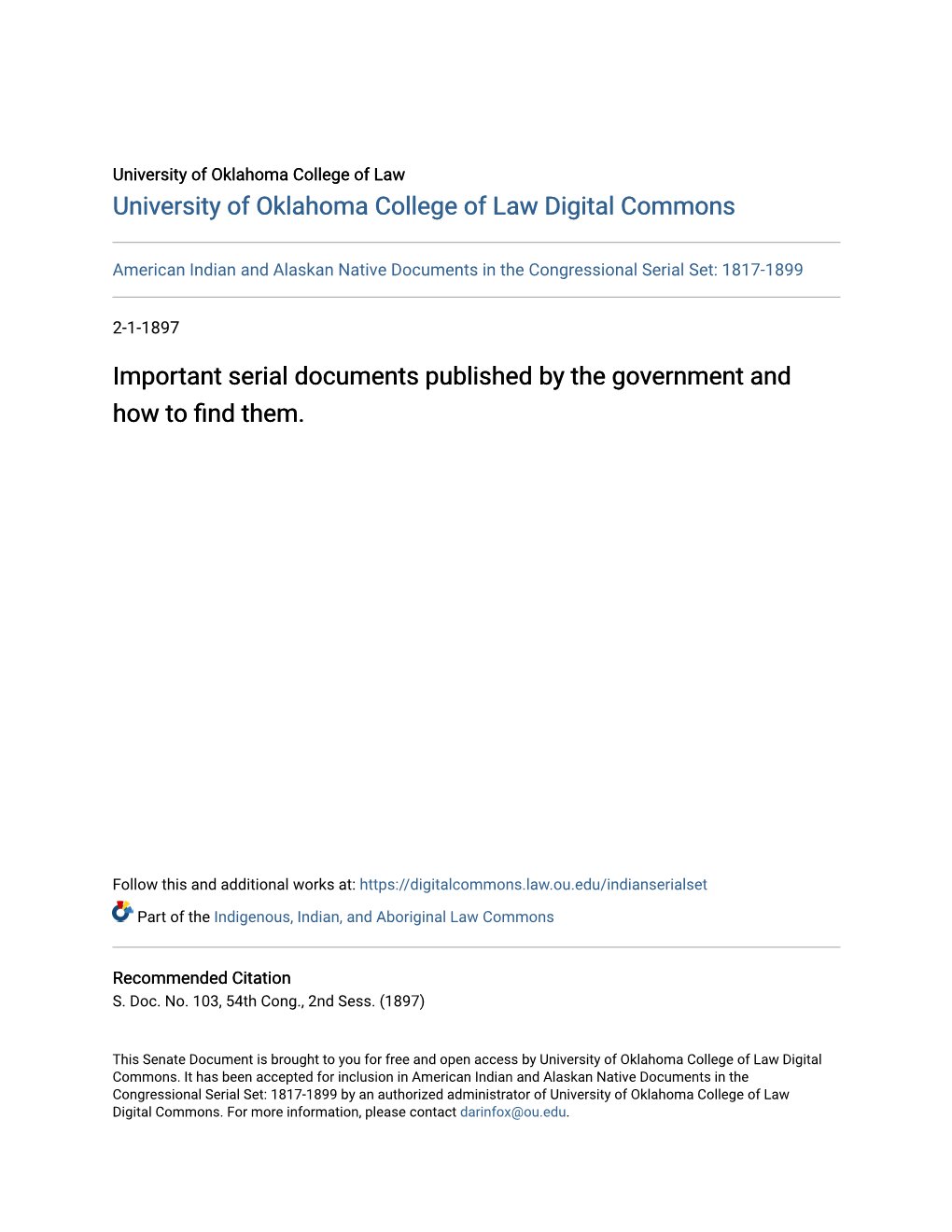 Important Serial Documents Published by the Government and How to Find Them