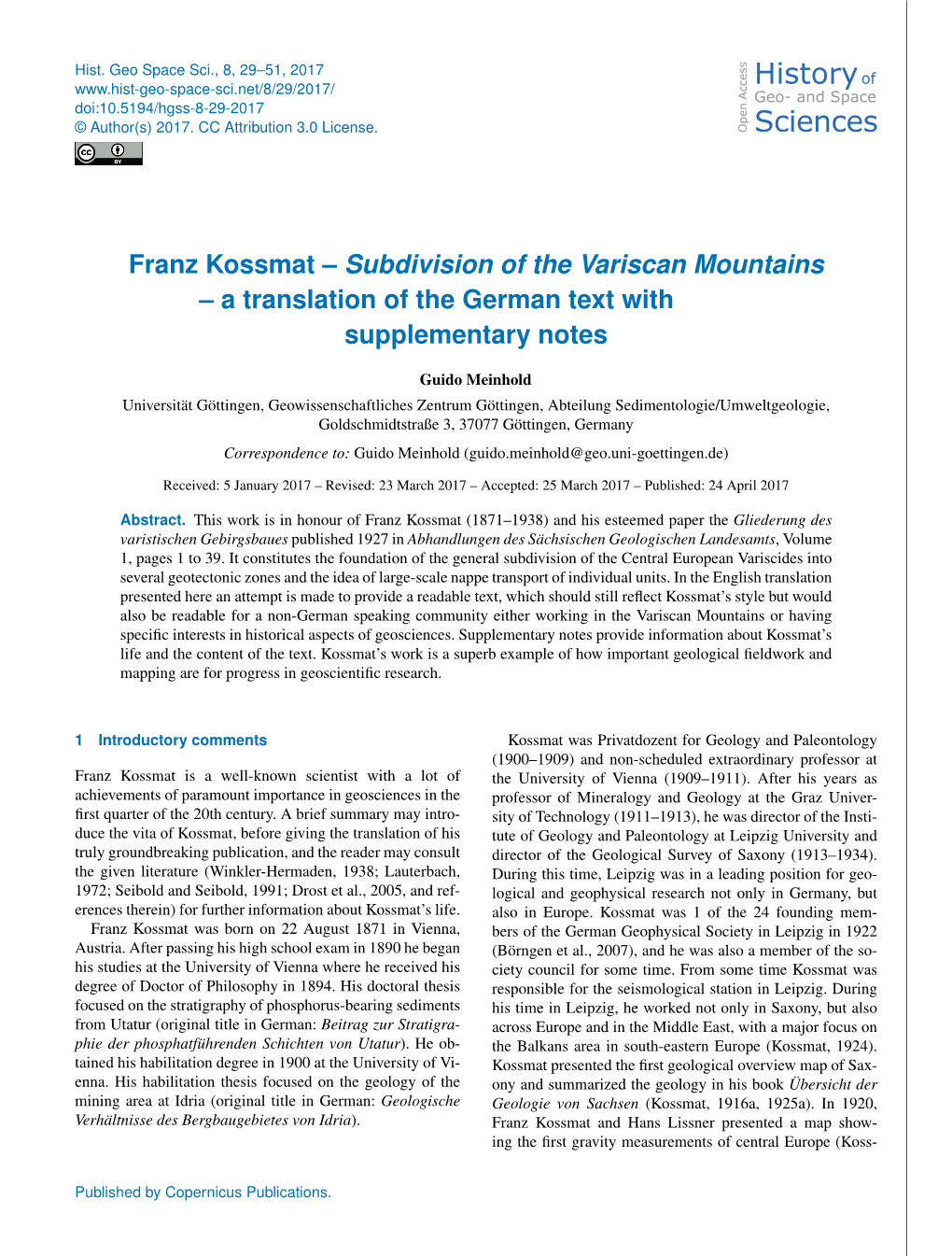 Franz Kossmat – Subdivision of the Variscan Mountains – a Translation of the German Text with Supplementary Notes