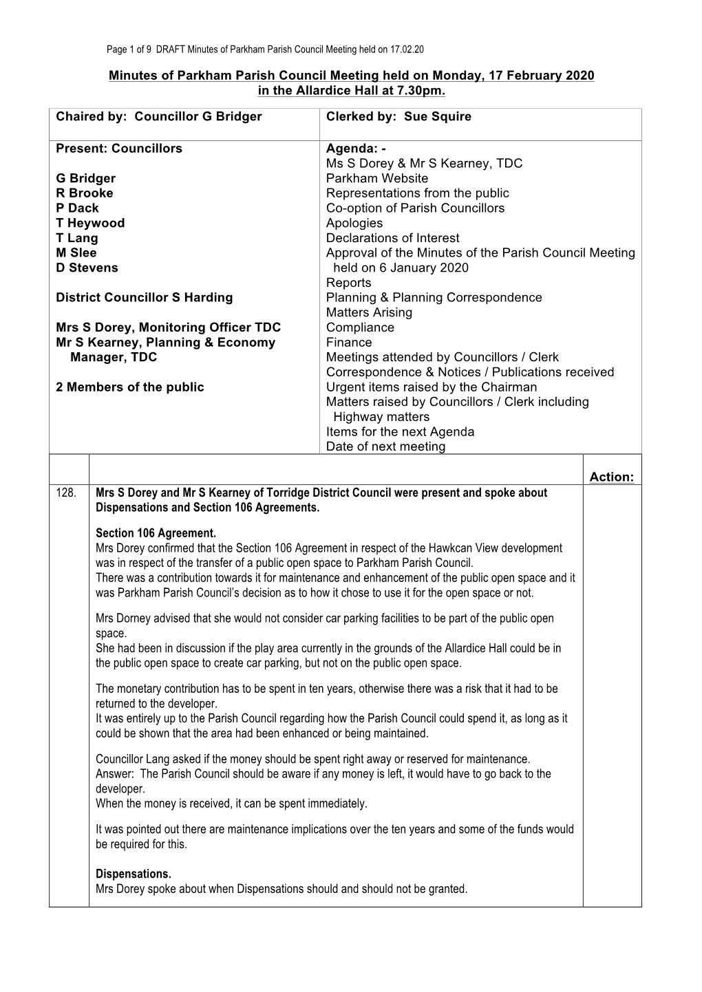 Minutes of Parkham Parish Council Meeting Held on Monday, 17 February 2020 in the Allardice Hall at 7.30Pm. Chaired By: Council