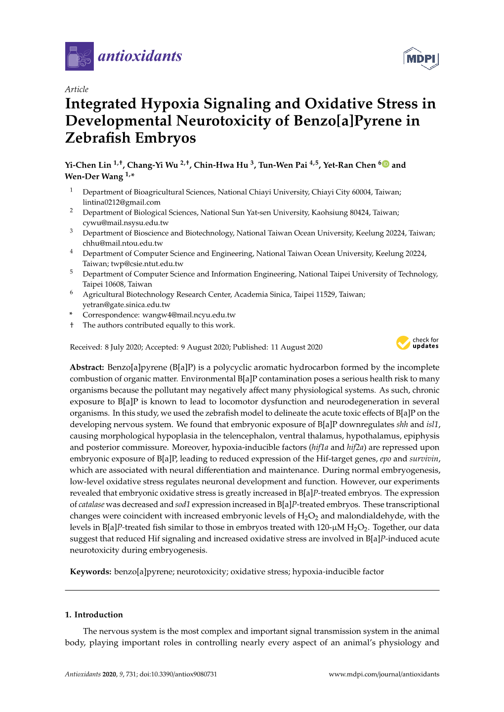 Integrated Hypoxia Signaling and Oxidative Stress in Developmental Neurotoxicity of Benzo[A]Pyrene in Zebraﬁsh Embryos