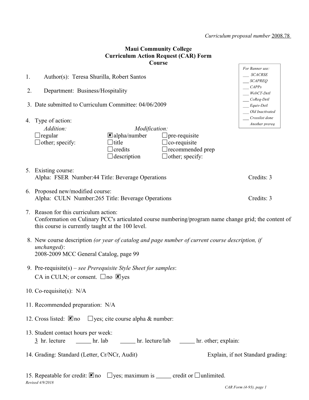 Curriculum Proposal Number 2008 s1