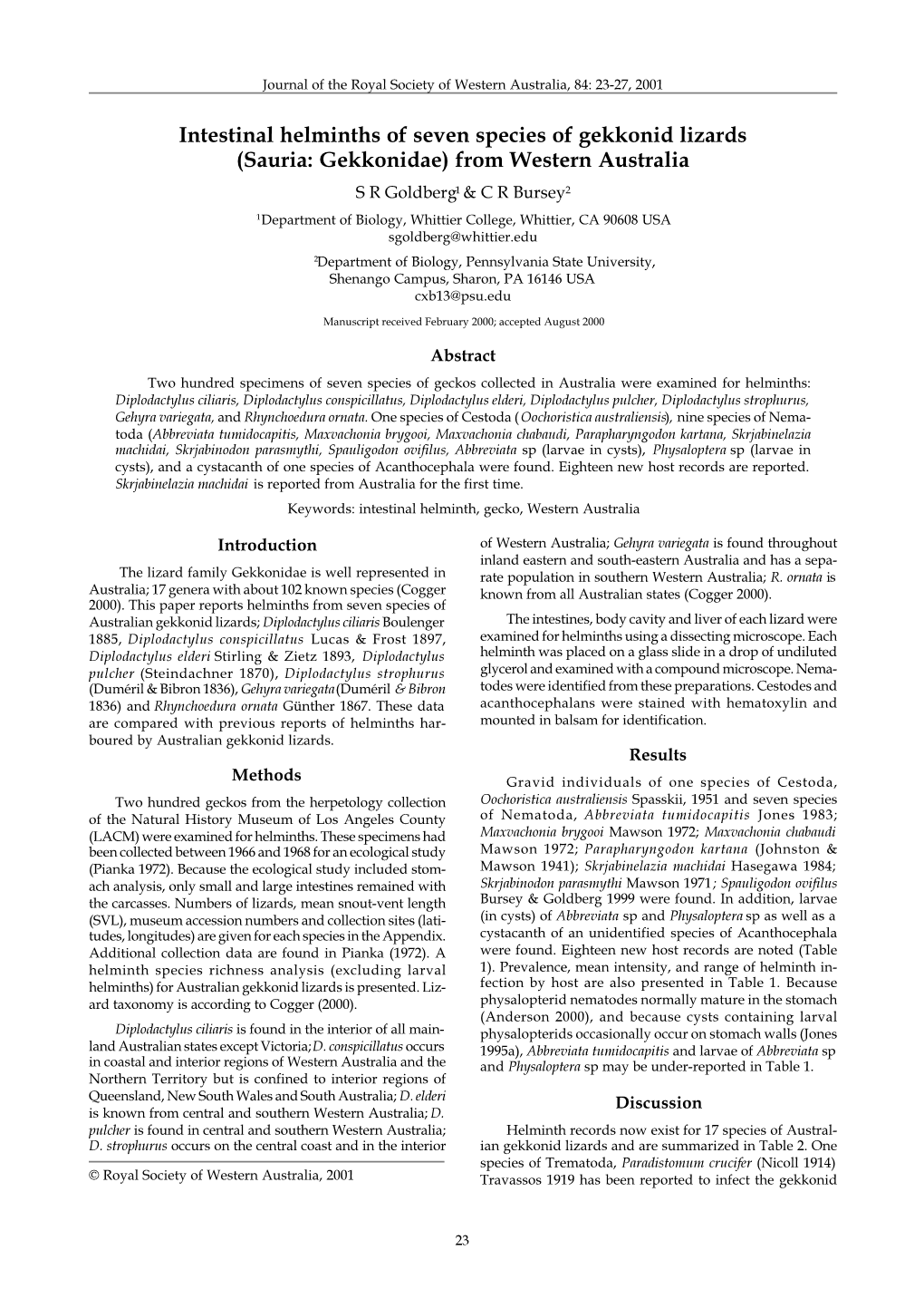 Intestinal Helminths of Seven Species of Gekkonid Lizards (Sauria: Gekkonidae) from Western Australia