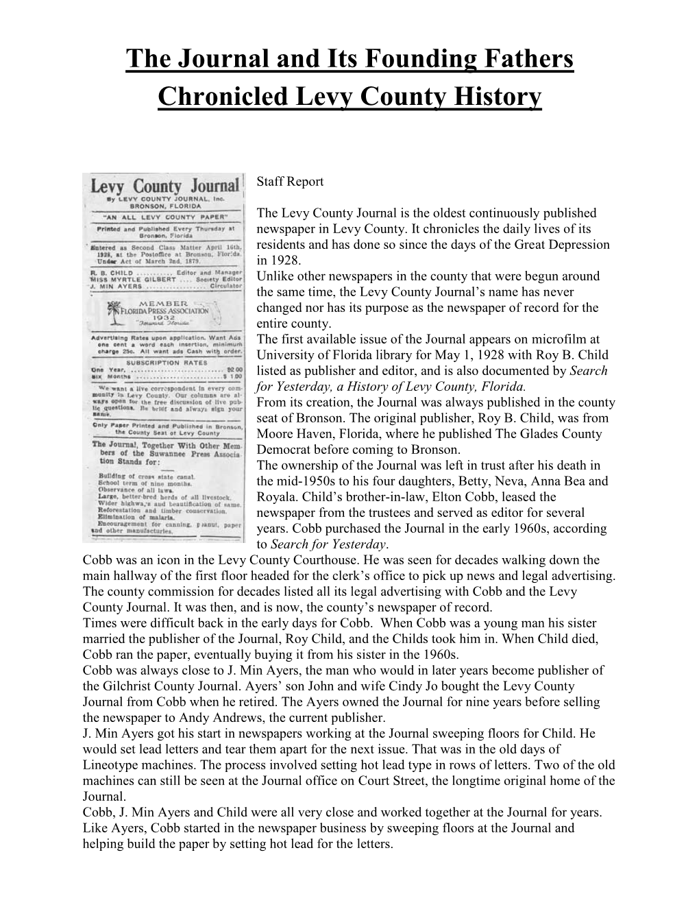 The Journal and Its Founding Fathers Chronicled Levy County History