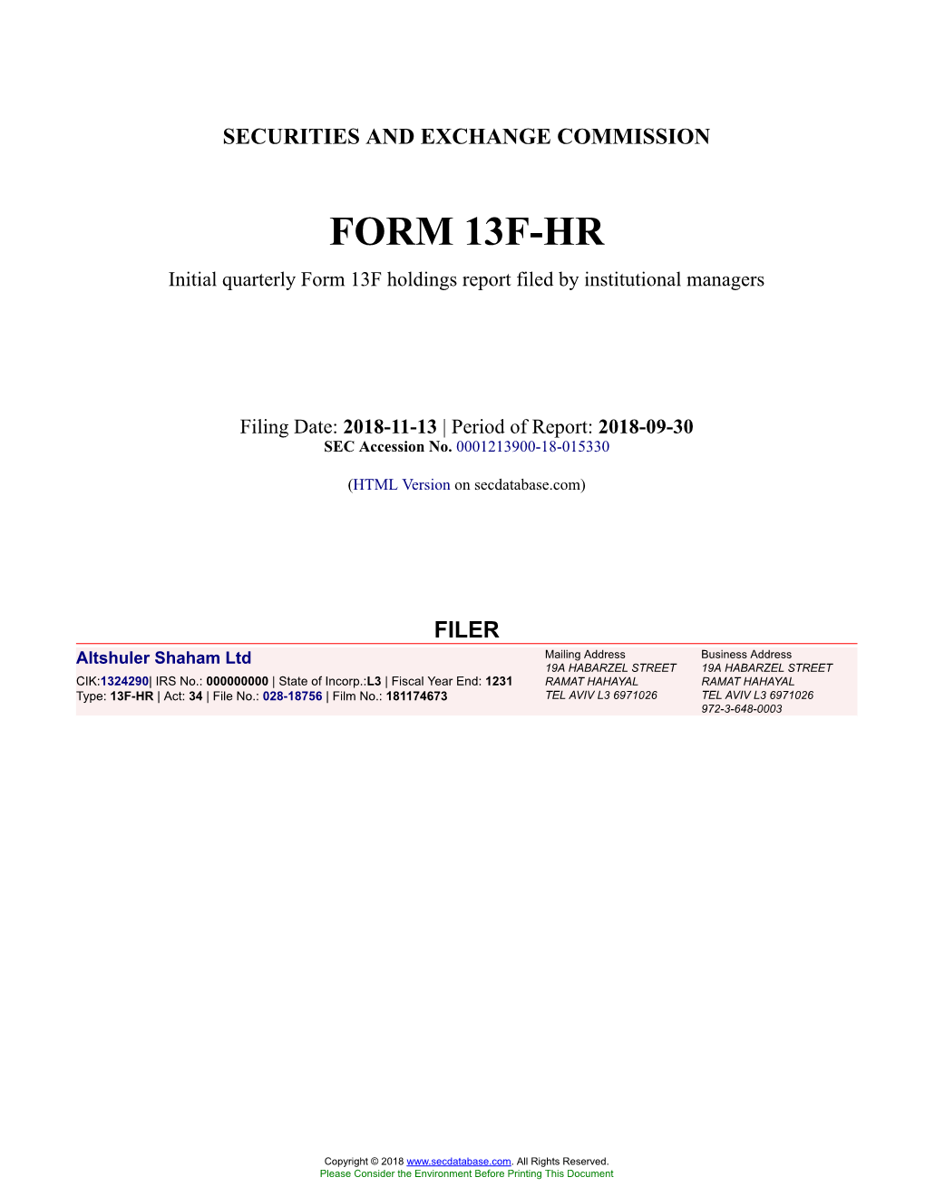 Altshuler Shaham Ltd Form 13F-HR Filed 2018-11-13