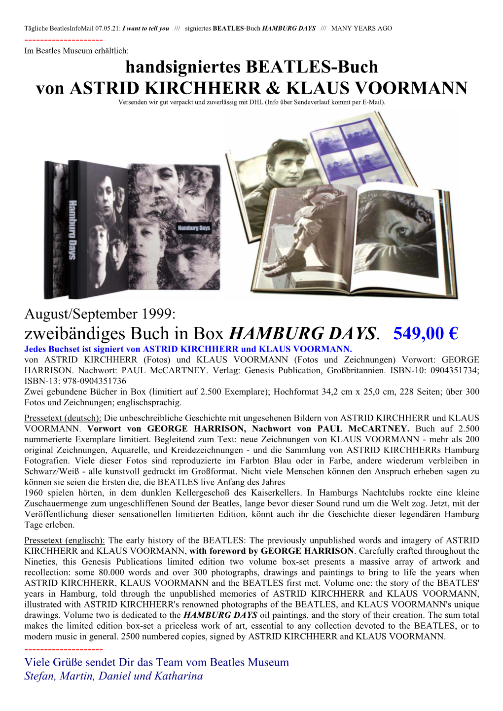 Infomail 07.05.21: BEATLES Buch HAMBURG DAYS