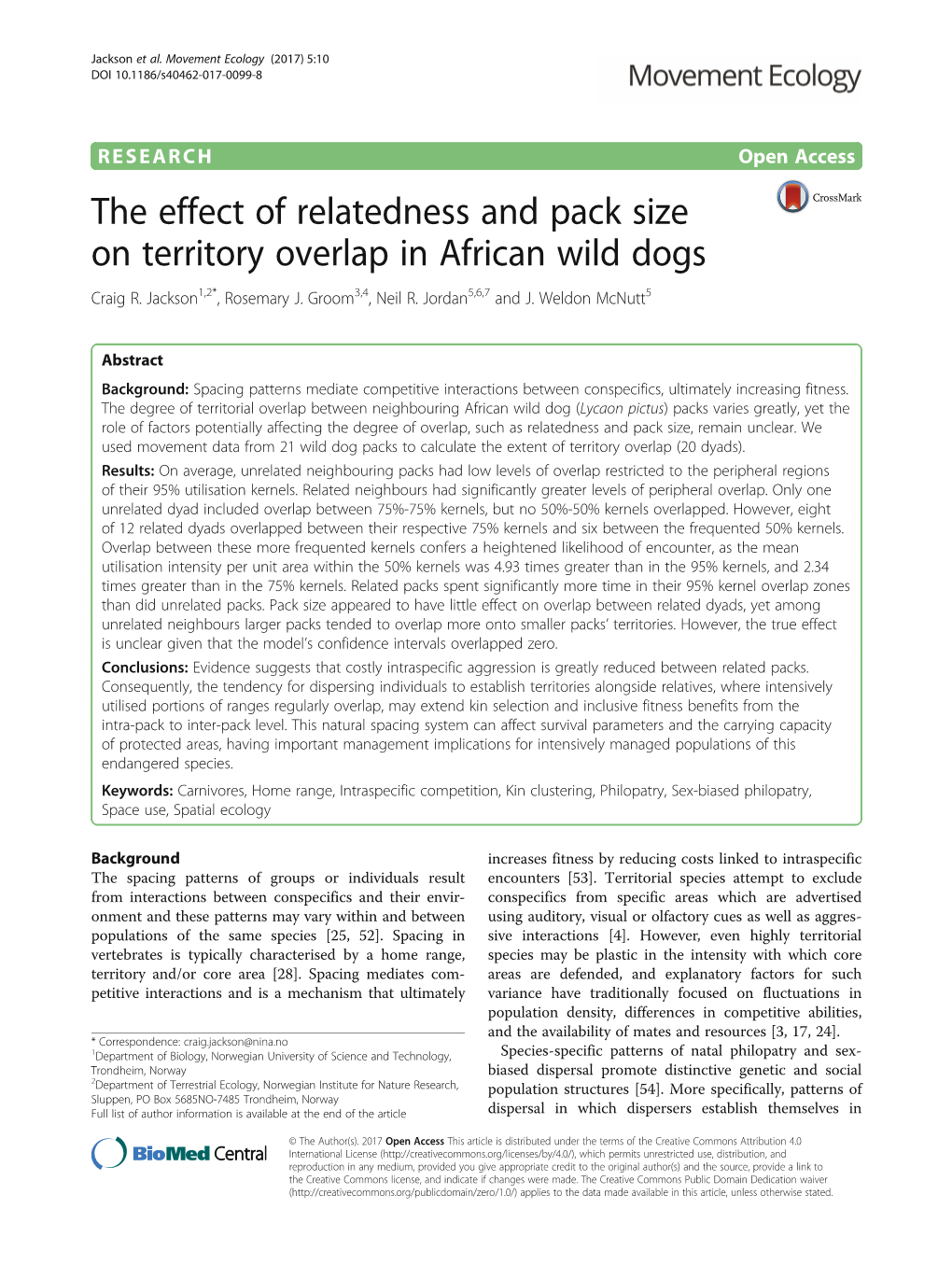 The Effect of Relatedness and Pack Size on Territory Overlap in African Wild Dogs Craig R