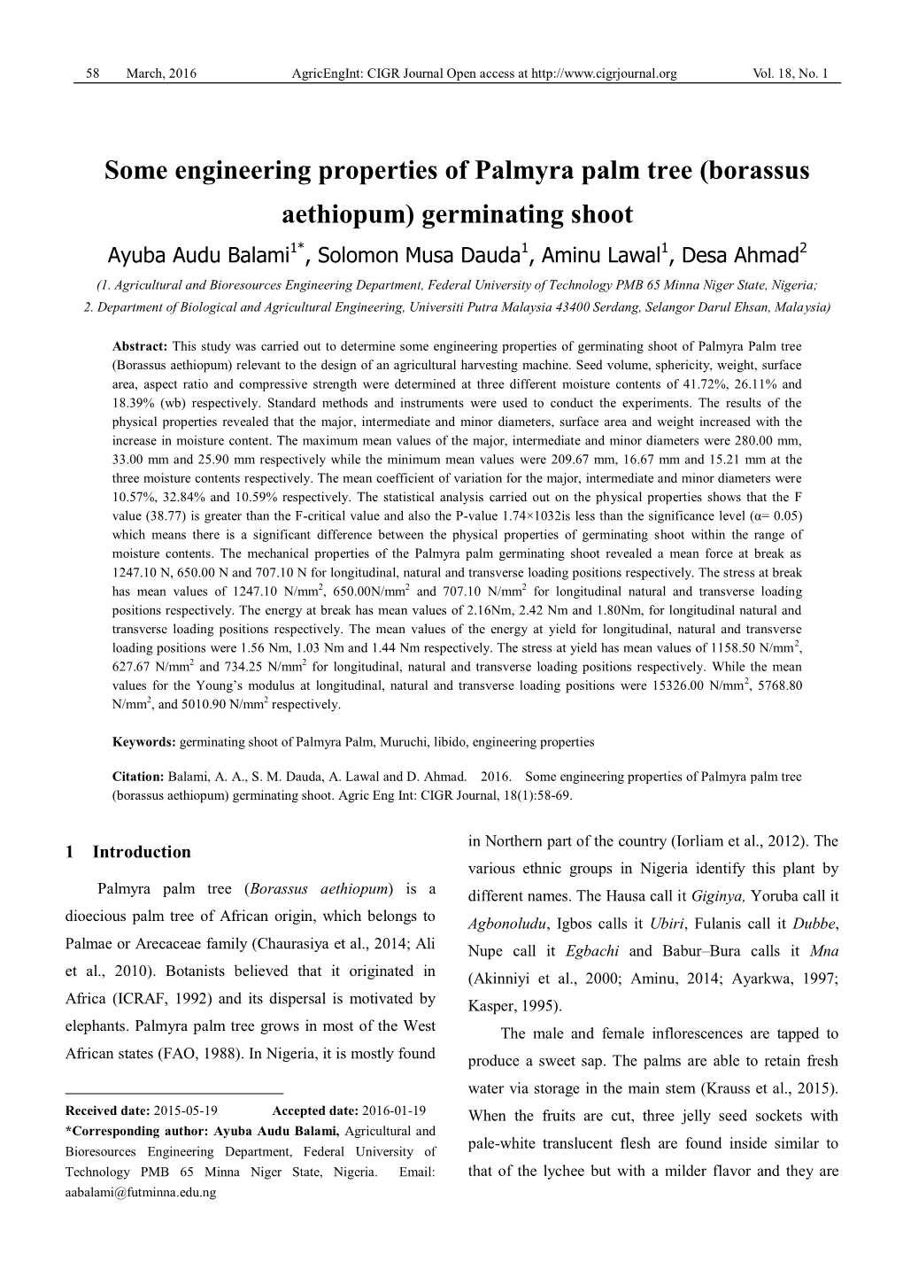 Borassus Aethiopum) Relevant to the Design of an Agricultural Harvesting Machine