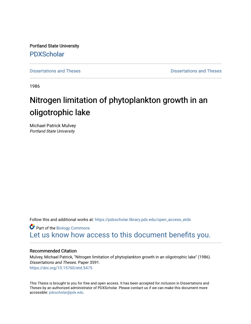 Nitrogen Limitation of Phytoplankton Growth in an Oligotrophic Lake