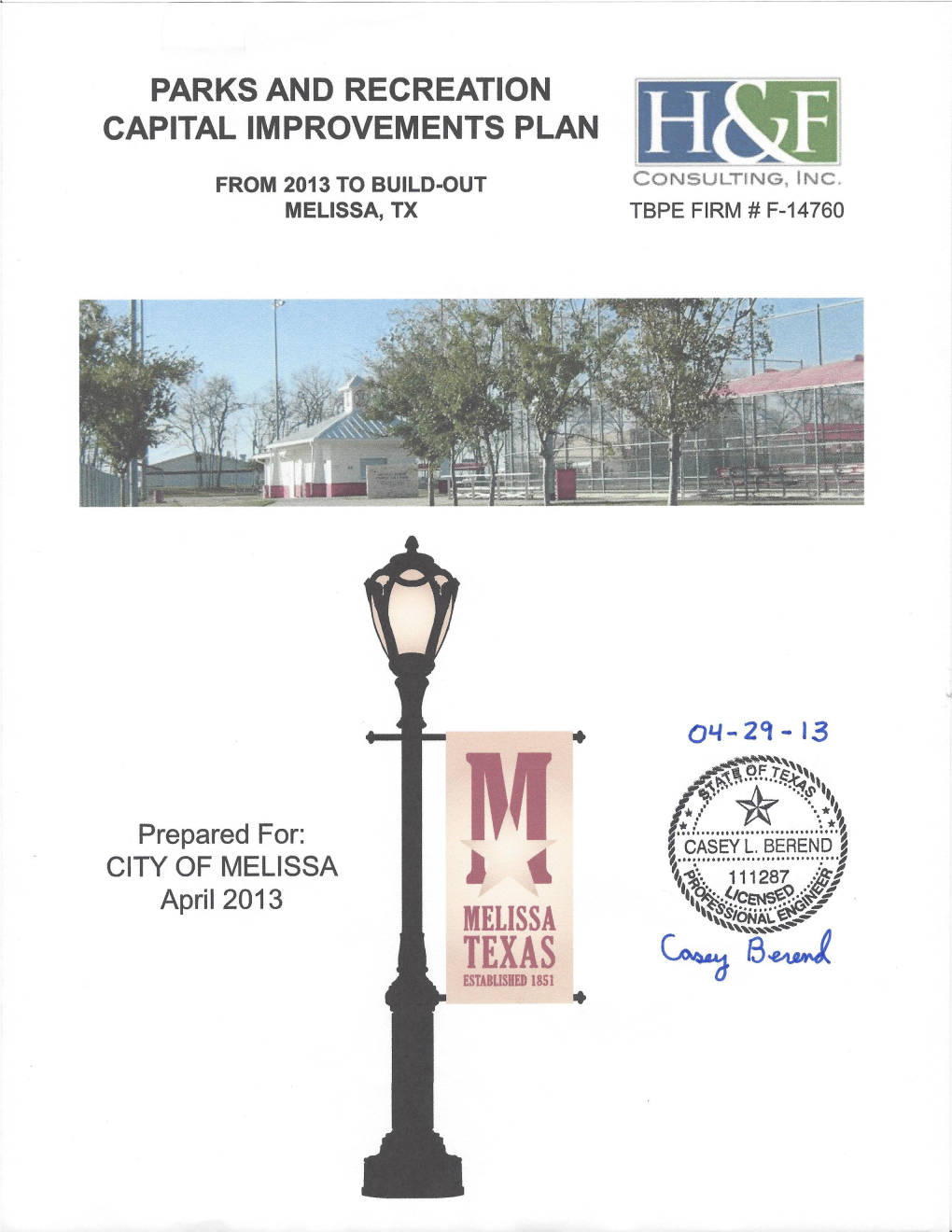 City of Melissa Parks and Recreation Capital Improvements Plan