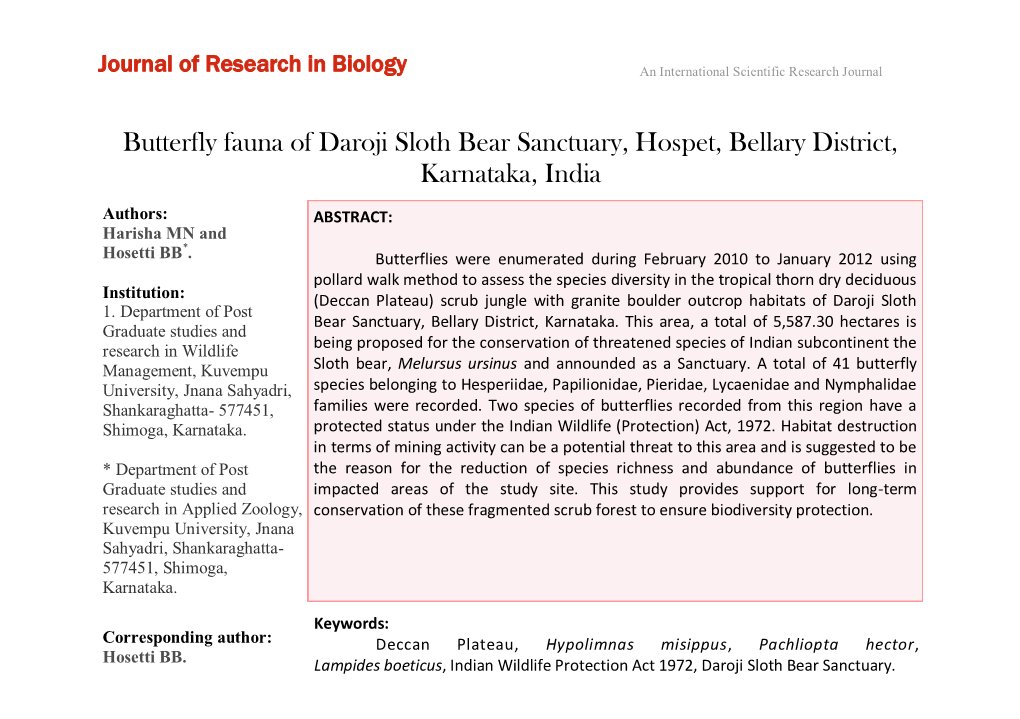 Butterfly Fauna of Daroji Sloth Bear Sanctuary, Hospet, Bellary District, Karnataka, India