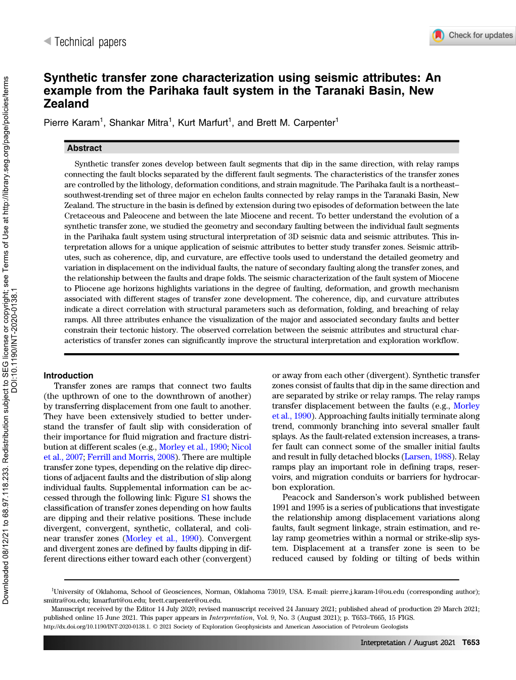 Synthetic Transfer Zone Characterization Using Seismic Attributes