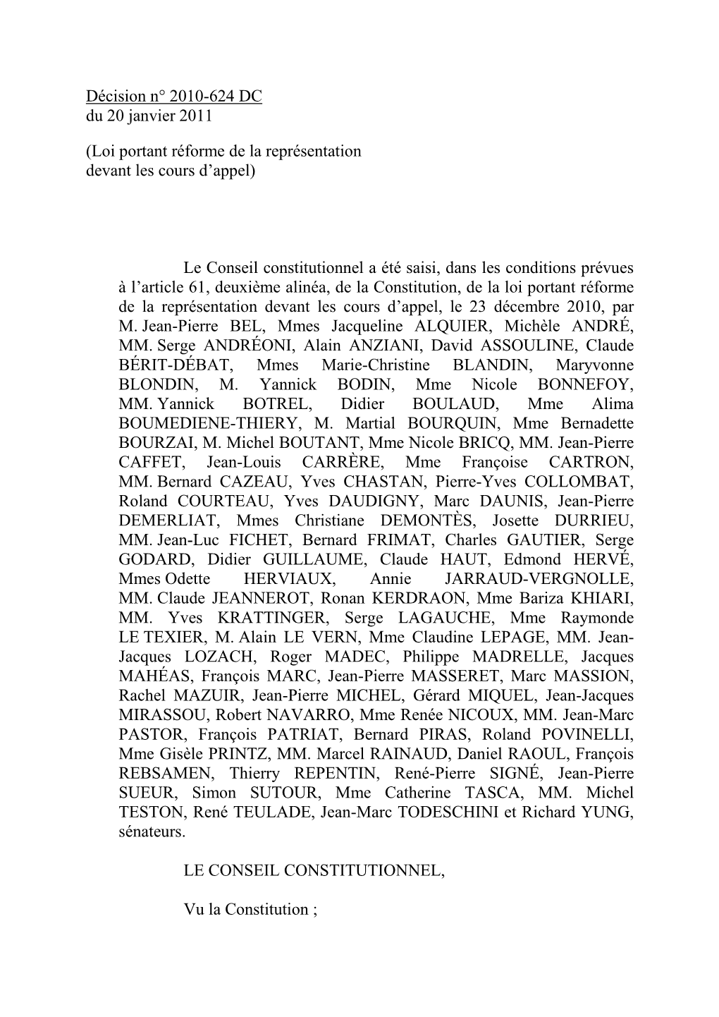 Décision N° 2010-624 DC Du 20 Janvier 2011
