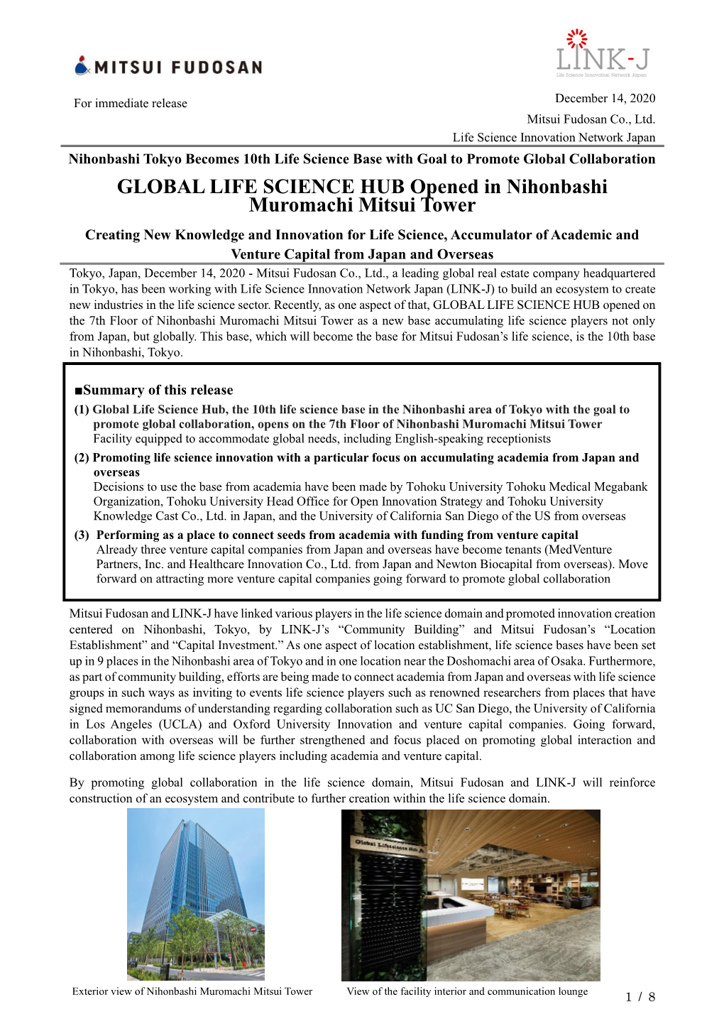 GLOBAL LIFE SCIENCE HUB Opened in Nihonbashi Muromachi Mitsui