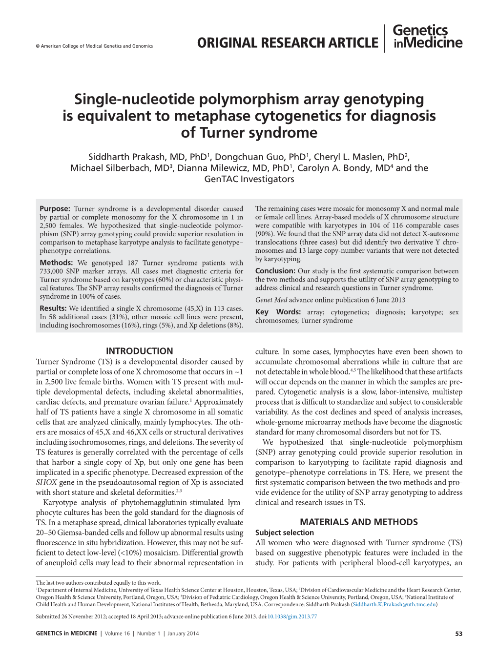 Single-Nucleotide Polymorphism Array Genotyping Is Equivalent to Metaphase Cytogenetics for Diagnosis of Turner Syndrome