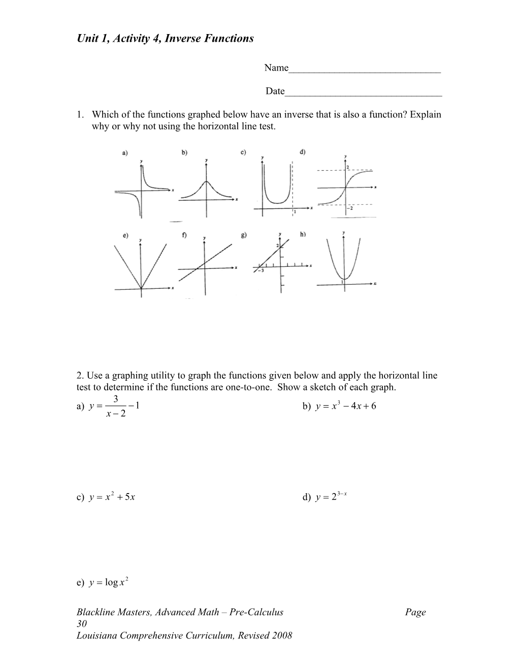 Unit 1, Activity 4, Inverse Functions