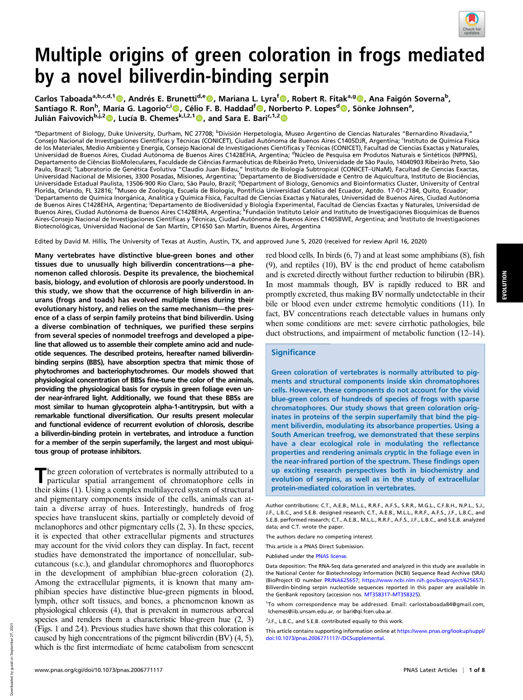 Multiple Origins of Green Coloration in Frogs Mediated by a Novel Biliverdin-Binding Serpin