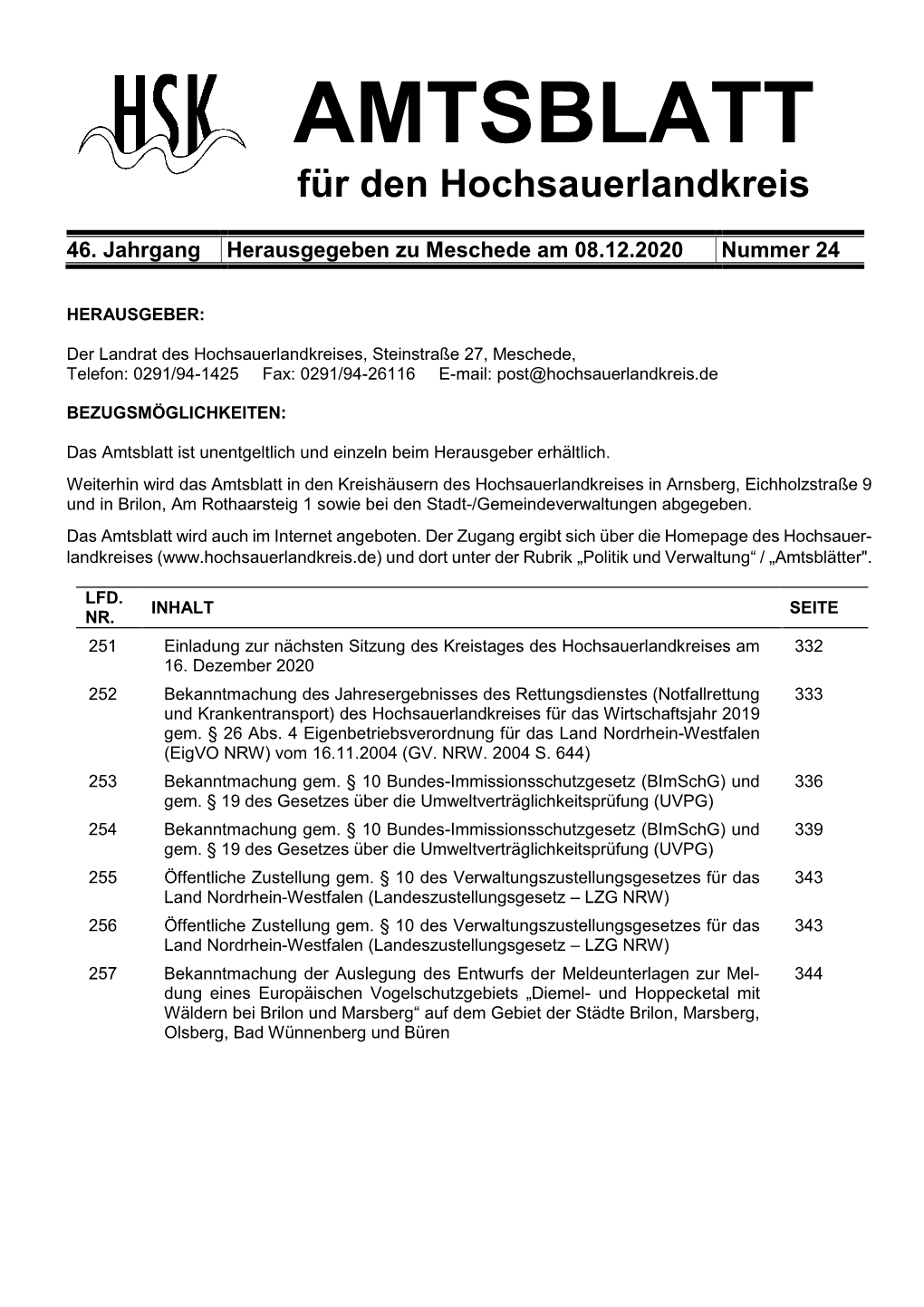 AMTSBLATT Für Den Hochsauerlandkreis