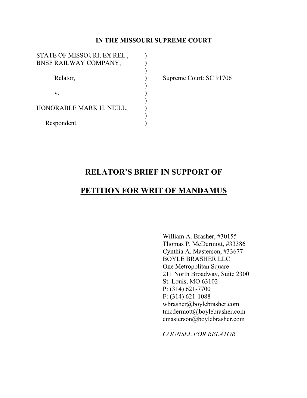 Relator's Brief in Support of Petition for Writ Of