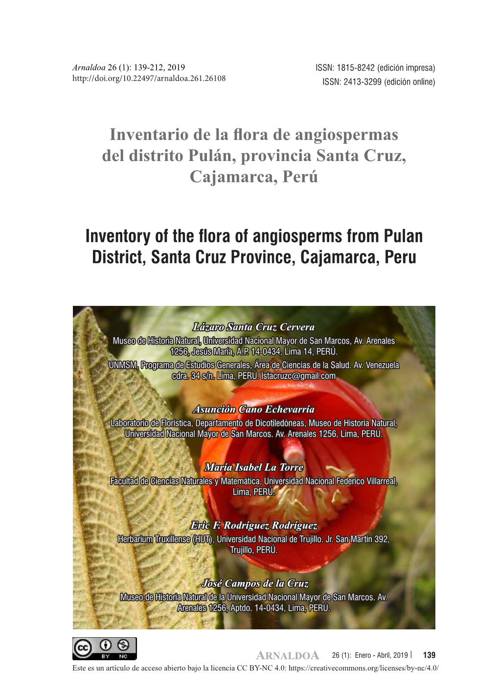 Inventario De La Flora De Angiospermas Del Distrito Pulán, Provincia Santa Cruz, Cajamarca, Perú