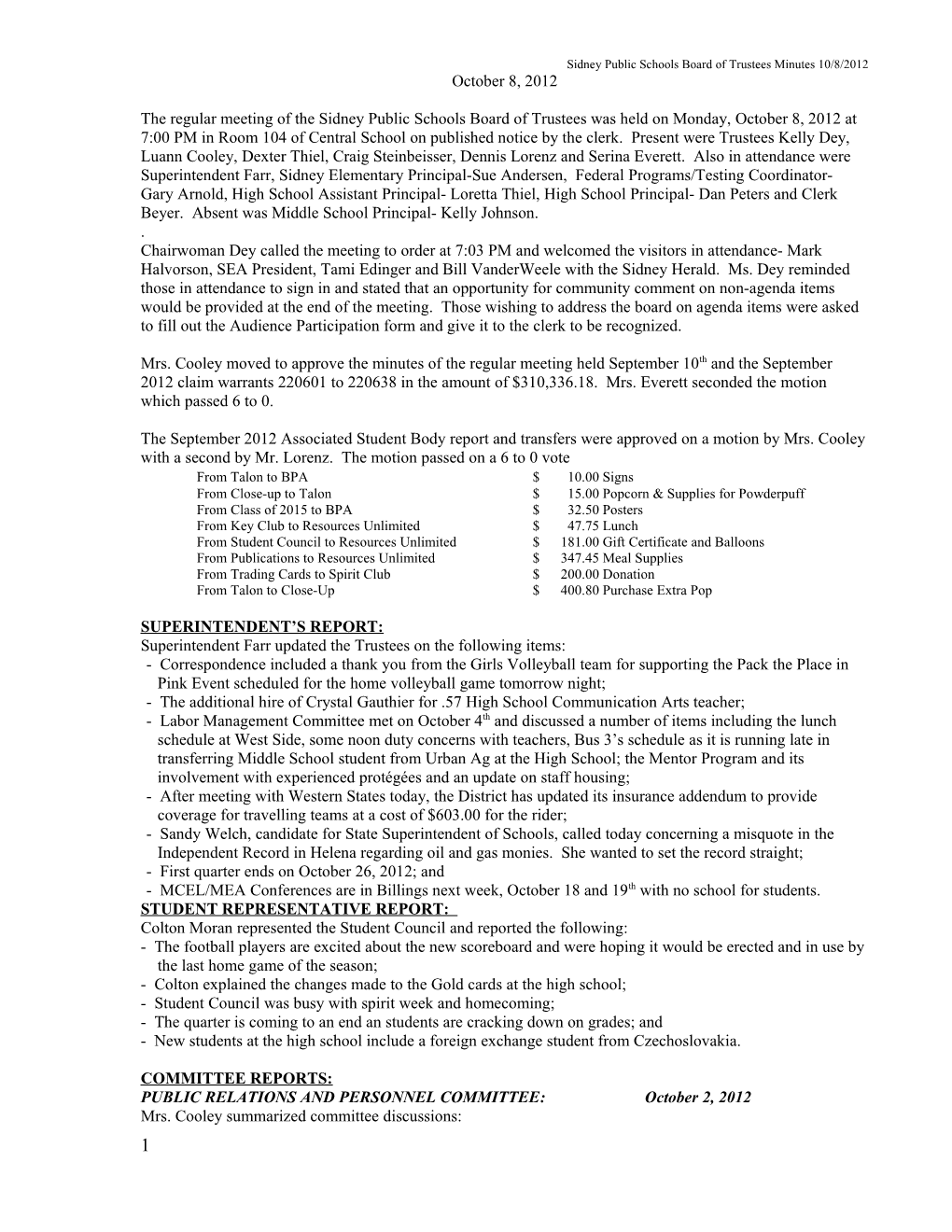 Sidney Public Schools Board of Trustees Minutes 10/8/2012