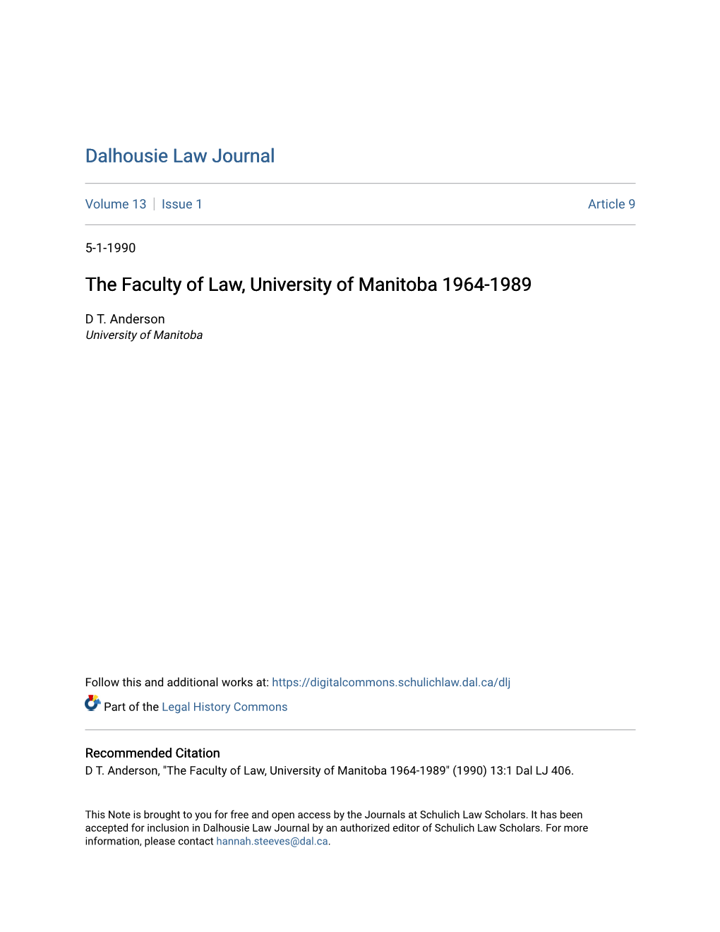 The Faculty of Law, University of Manitoba 1964-1989