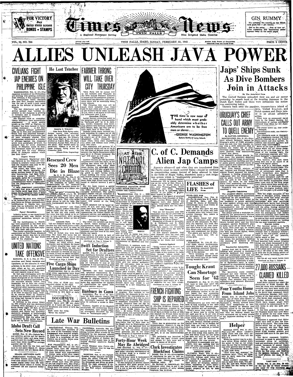 ALLIES UNLEASH JAVA POWER RGH He Lost Teacher FARMER THRI Japs’ Ships Sunk Apeneieson WILL TAKE O^E As Dive Bombers PHILIPPINE ISLE CITY Jfein in Attacks •WASHINOTON