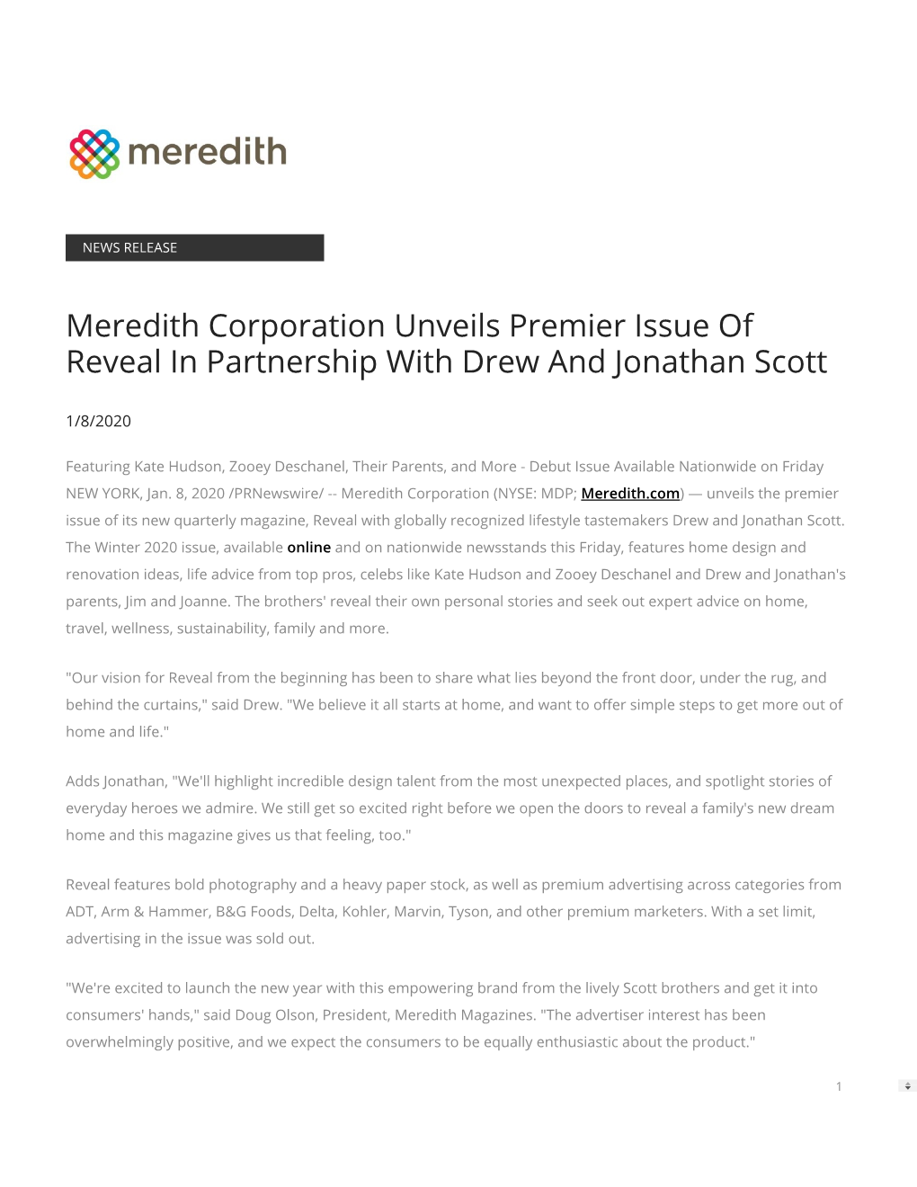 Meredith Corporation Unveils Premier Issue of Reveal in Partnership with Drew and Jonathan Scott