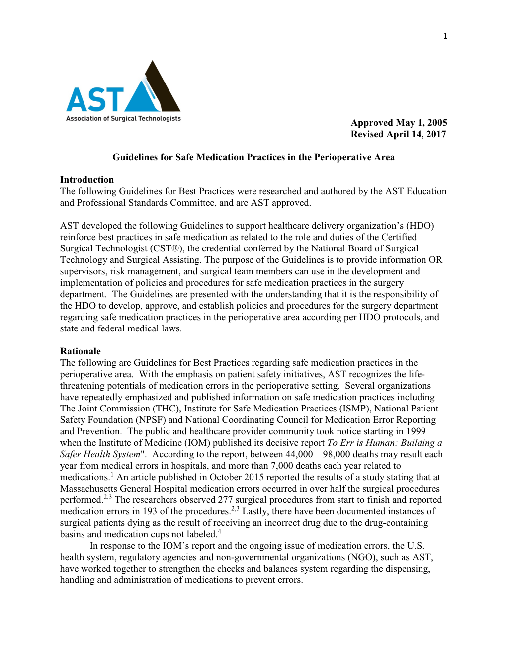 AST Guidelines for Safe Medication Practices in the Perioperative Area