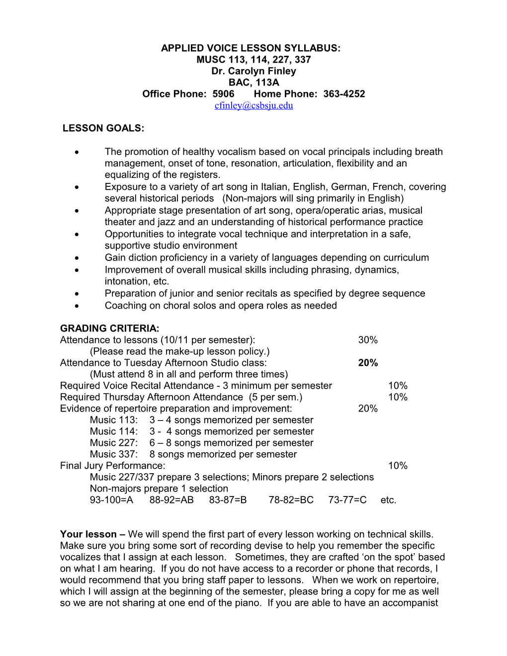 Applied Voice Lesson Syllabus: Musc 113, 114, 227, 337