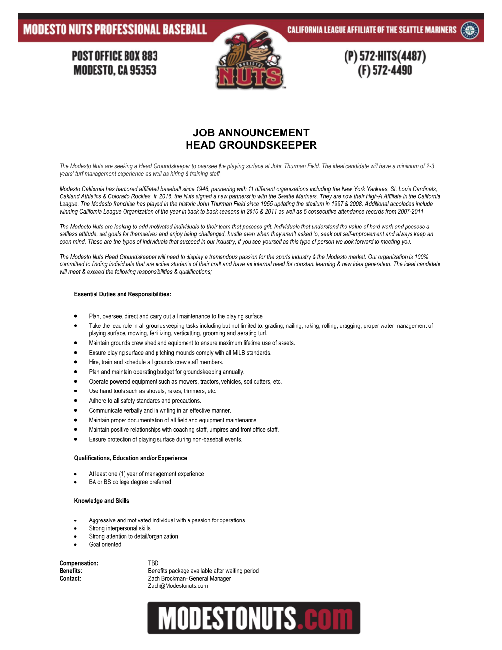 Job Announcement Head Groundskeeper