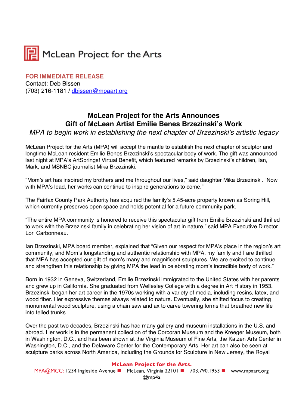 Mclean Project for the Arts Announces Gift of Mclean Artist Emilie