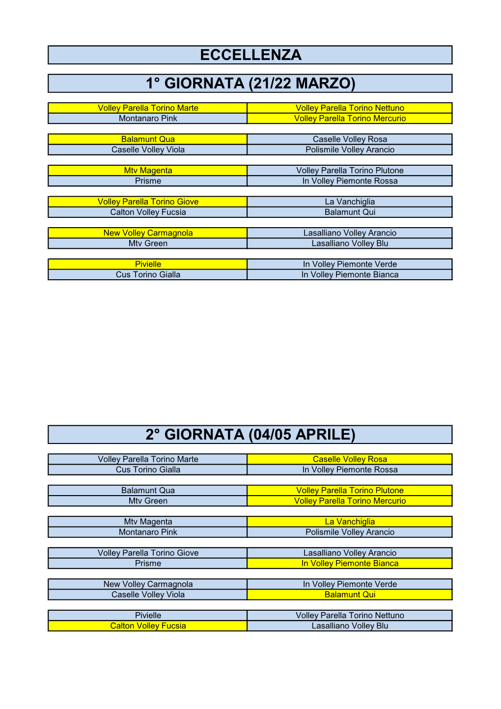 Eccellenza 1° Giornata (21/22 Marzo) 2° Giornata (04/05 Aprile)