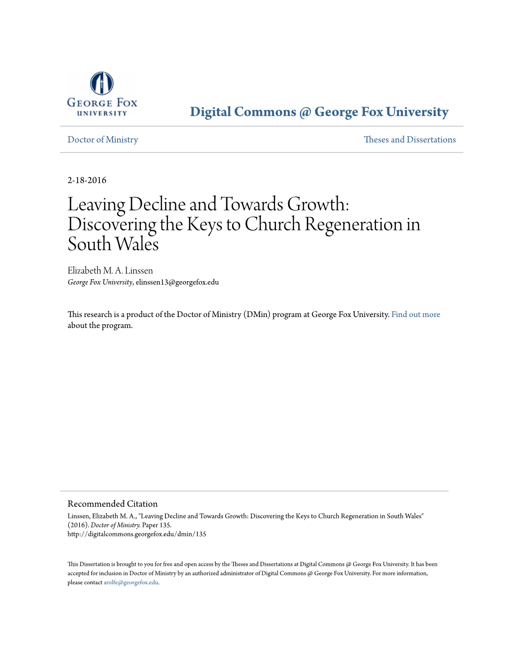 Leaving Decline and Towards Growth: Discovering the Keys to Church Regeneration in South Wales Elizabeth M