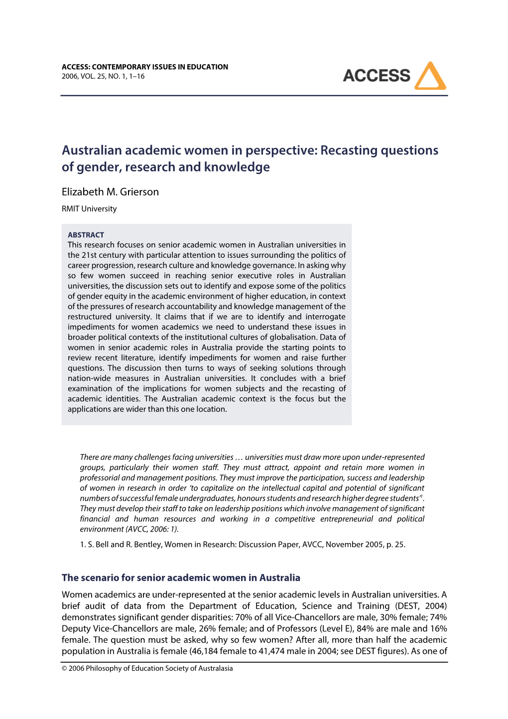 Australian Academic Women in Perspective: Recasting Questions of Gender, Research and Knowledge