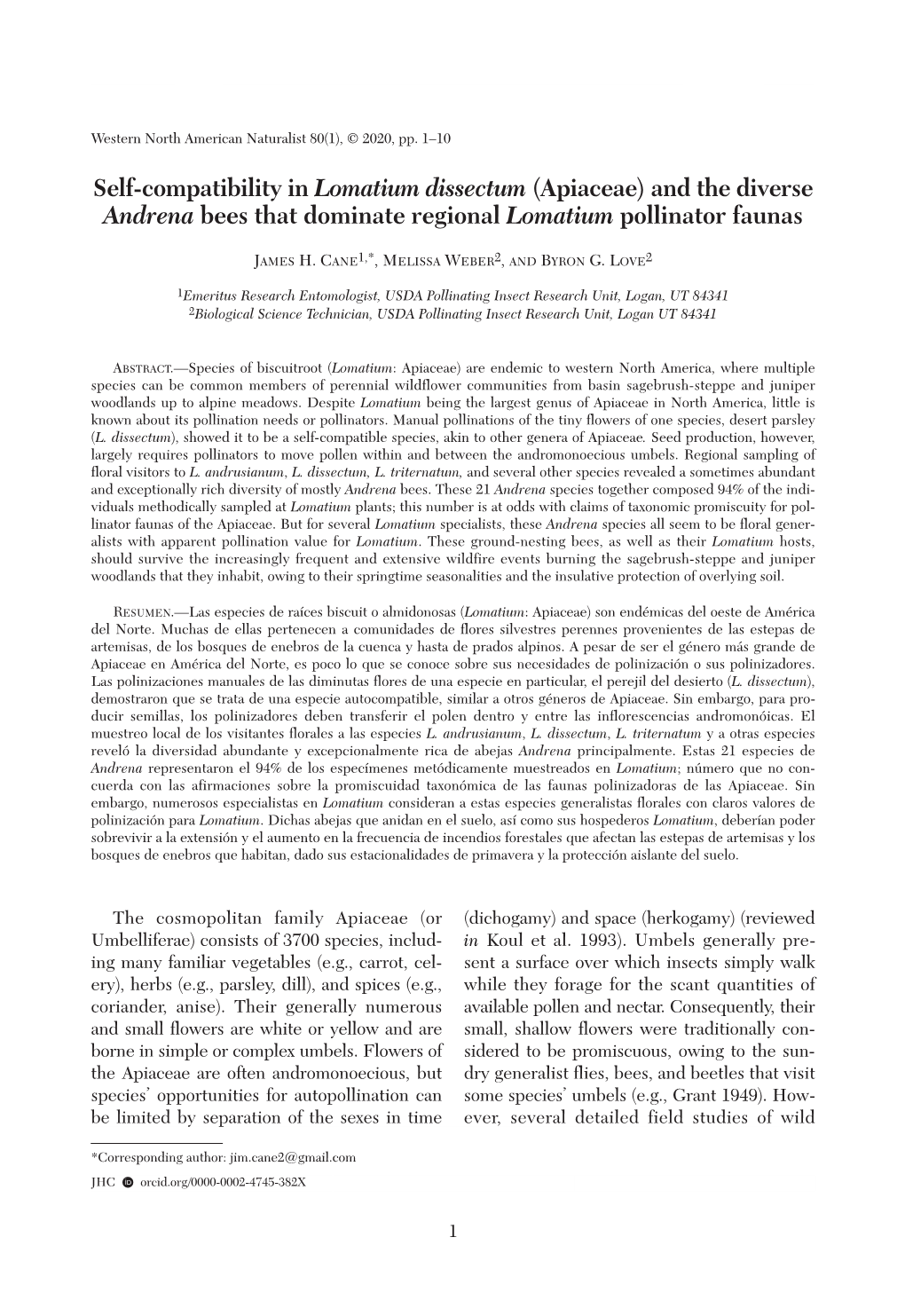 Self-Compatibility in Lomatium Dissectum (Apiaceae) and the Diverse Andrena Bees That Dominate Regional Lomatium Pollinator Faunas