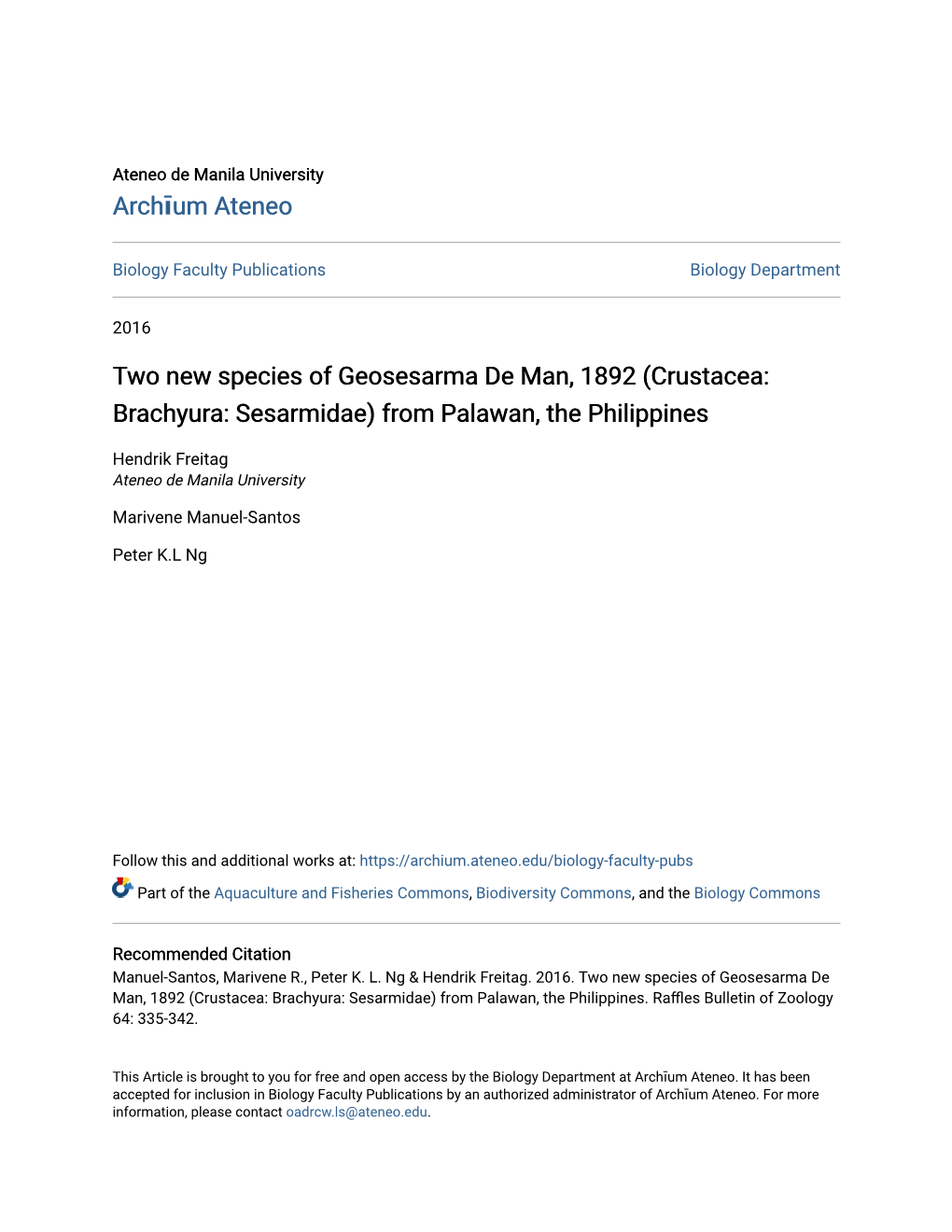 Two New Species of Geosesarma De Man, 1892 (Crustacea: Brachyura: Sesarmidae) from Palawan, the Philippines