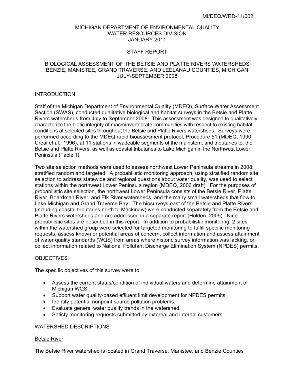 Michigan Department of Environmental Quality Water Resources Division January 2011 Staff Report Biological Assessment of The