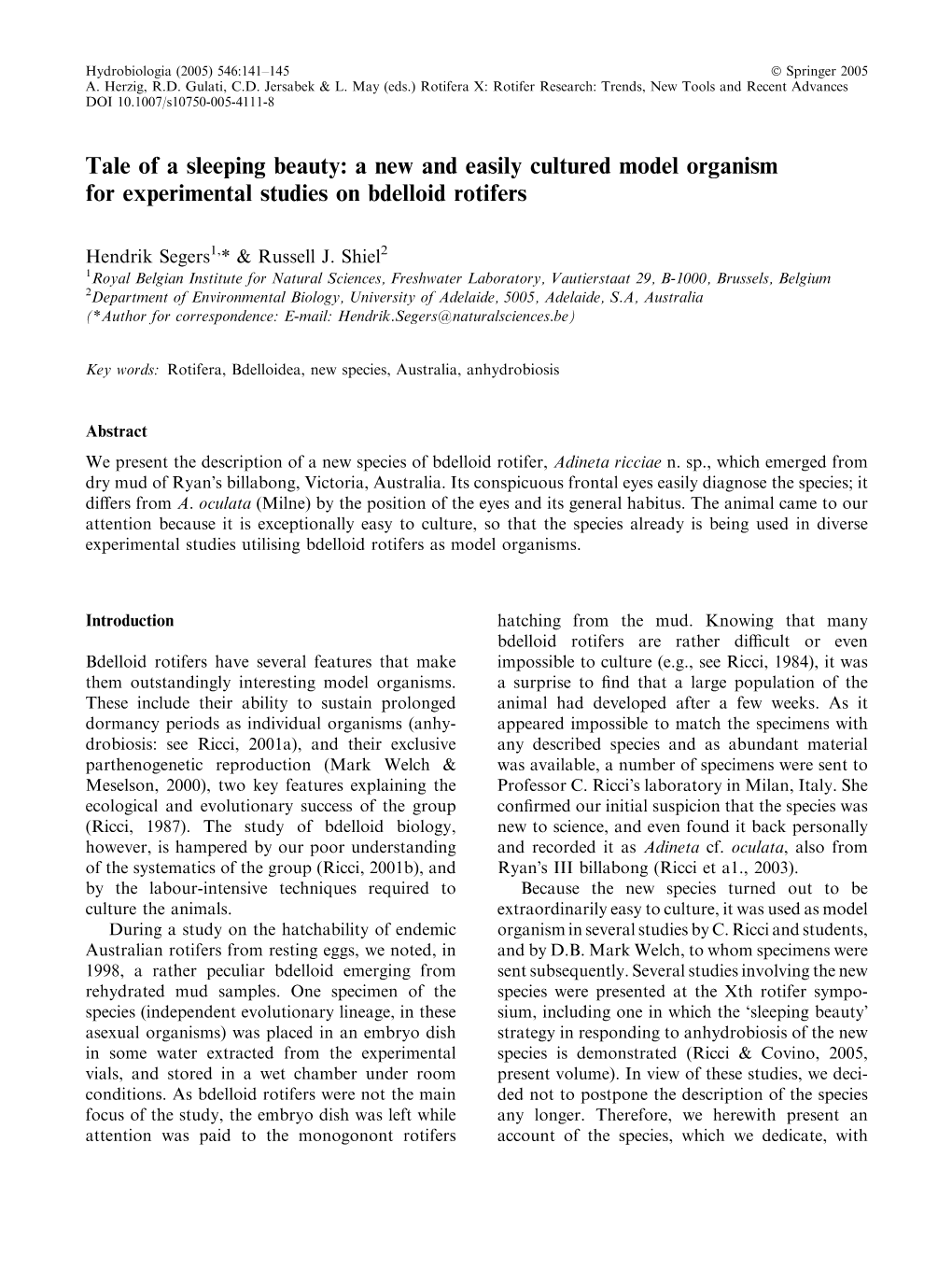 A New and Easily Cultured Model Organism for Experimental Studies on Bdelloid Rotifers