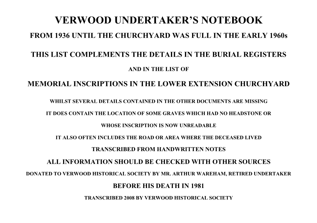 Verwood Undertaker's Notebook