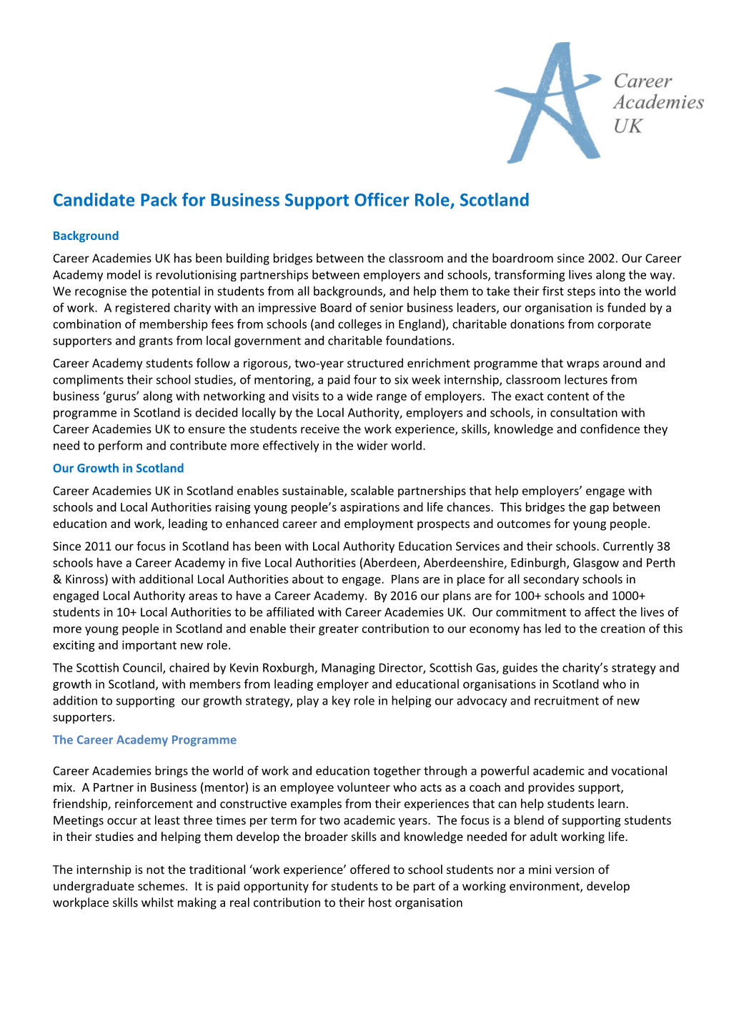 Candidate Pack for Business Support Officer Role, Scotland