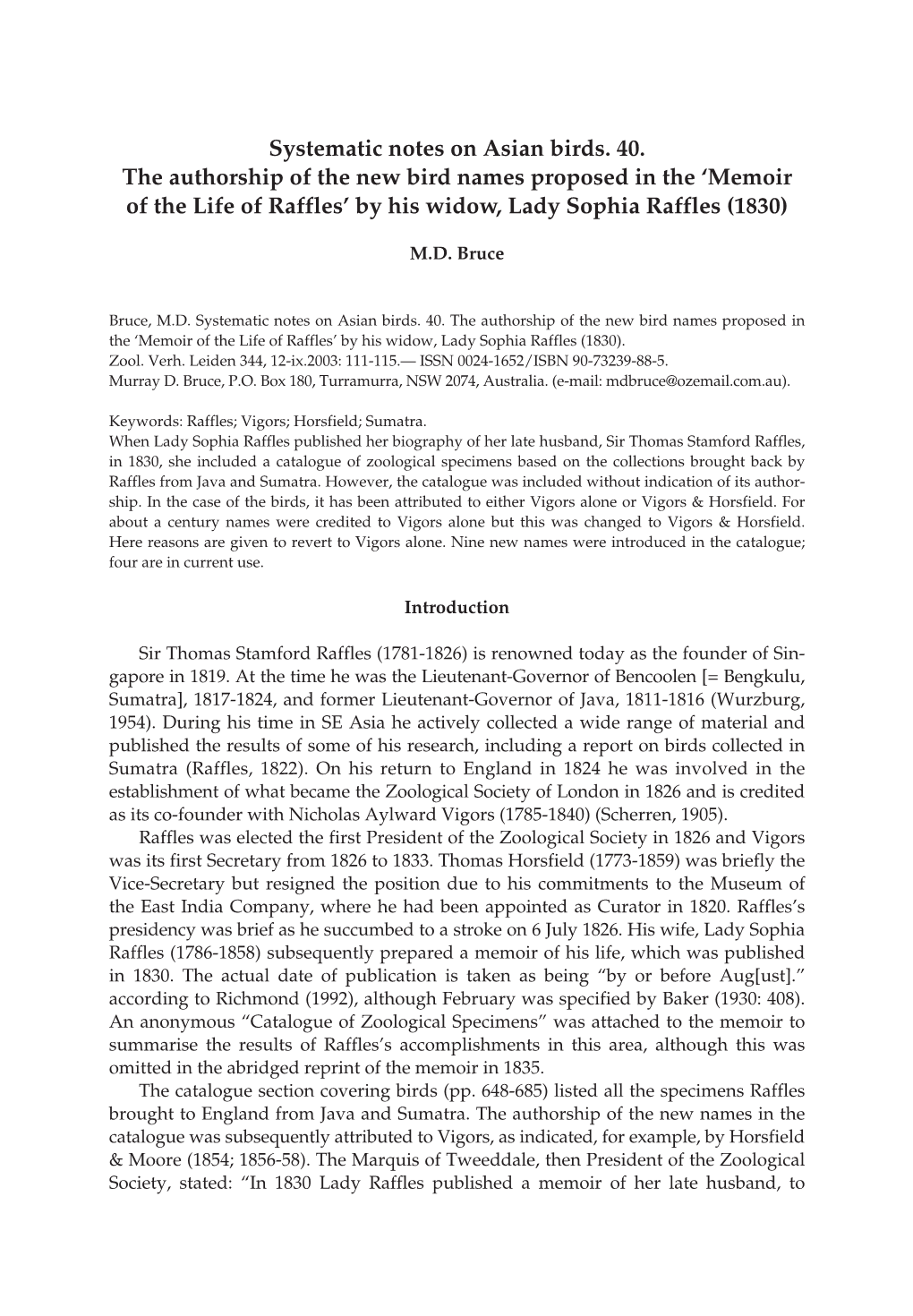 Systematic Notes on Asian Birds. 40. the Authorship of the New Bird Names Proposed in the ‘Memoir of the Life of Raffles’ by His Widow, Lady Sophia Raffles (1830)