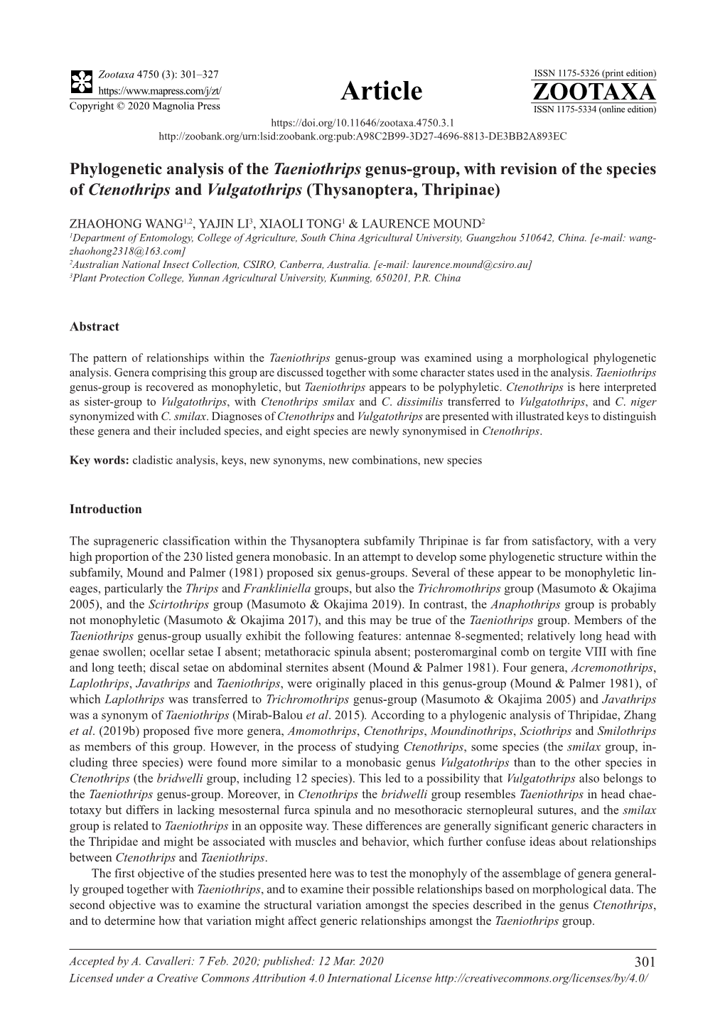 Phylogenetic Analysis of the Taeniothrips Genus-Group, with Revision of the Species of Ctenothrips and Vulgatothrips (Thysanoptera, Thripinae)