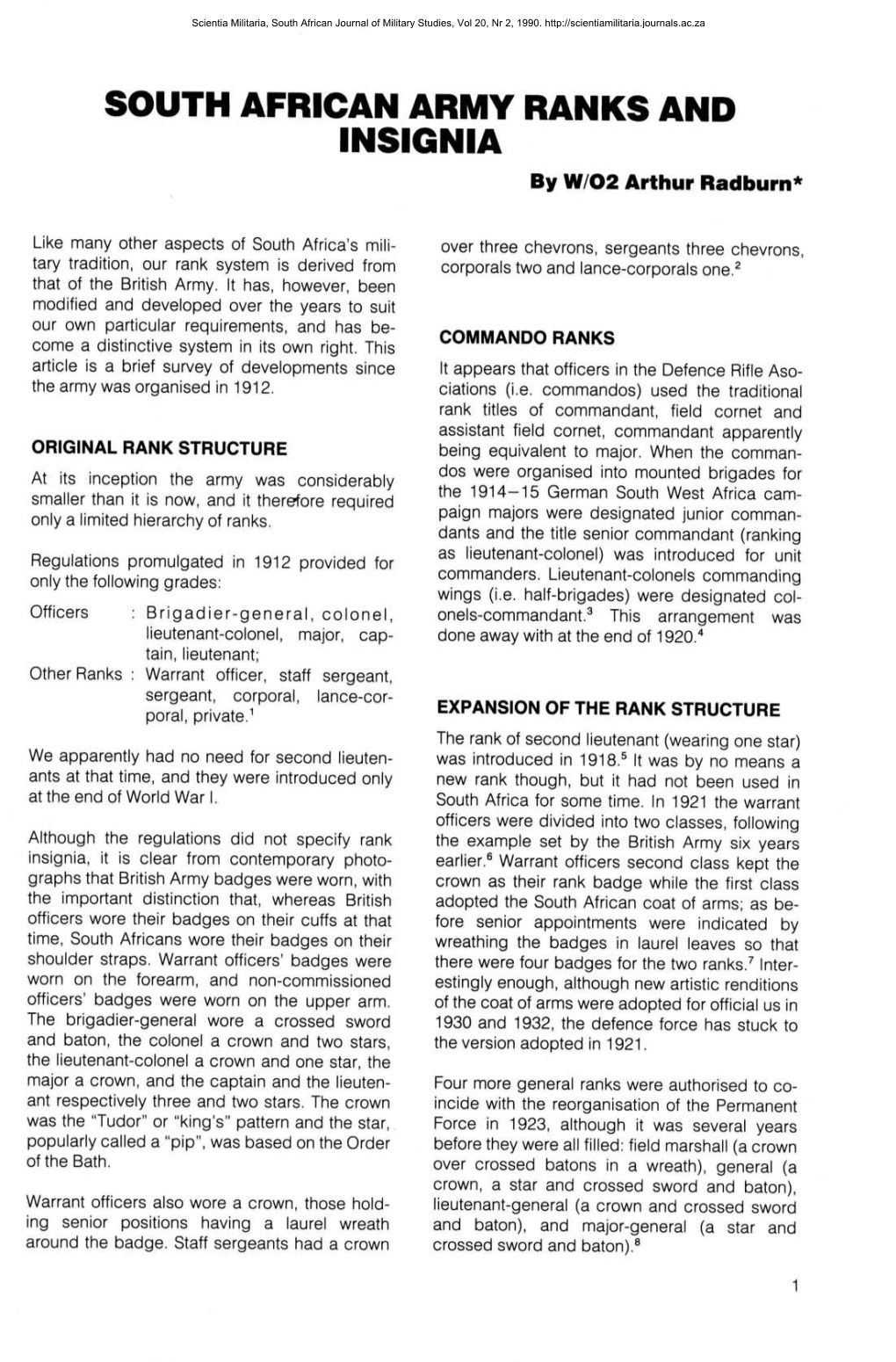 SOUTH AFRICAN ARMY RANKS and INSIGNIA by W/02 Arthur Radburn*