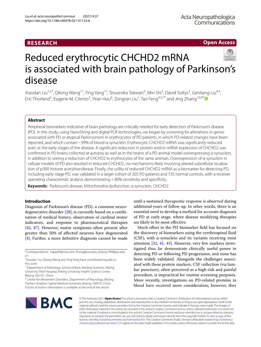 Reduced Erythrocytic CHCHD2 Mrna Is Associated with Brain Pathology