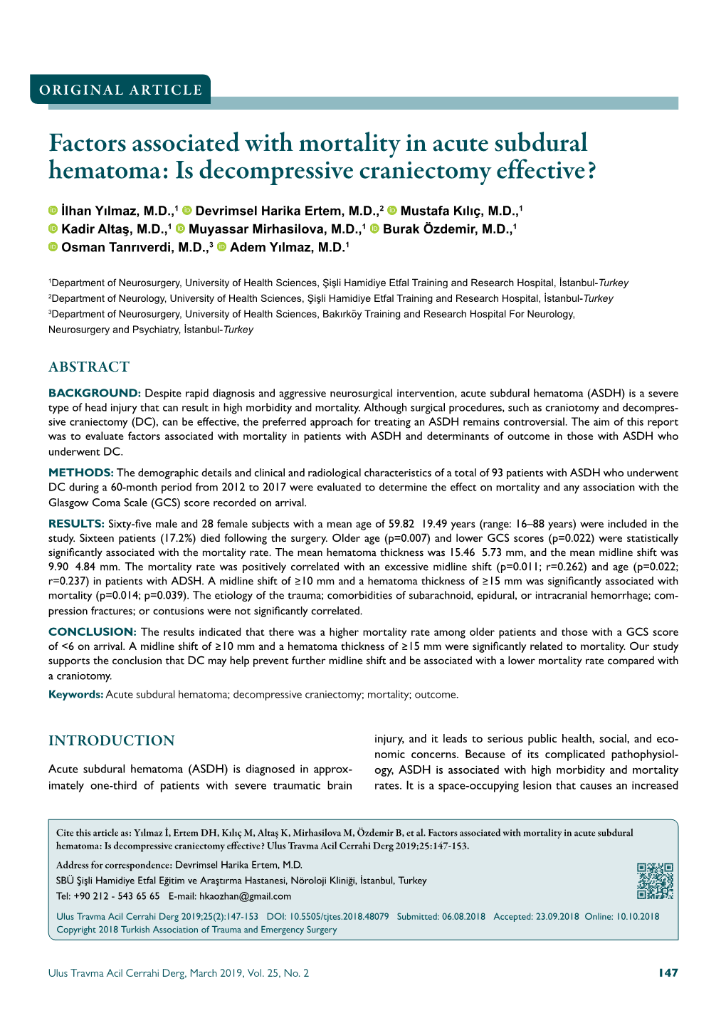 Factors Associated with Mortality in Acute Subdural Hematoma: Is Decompressive Craniectomy Effective?