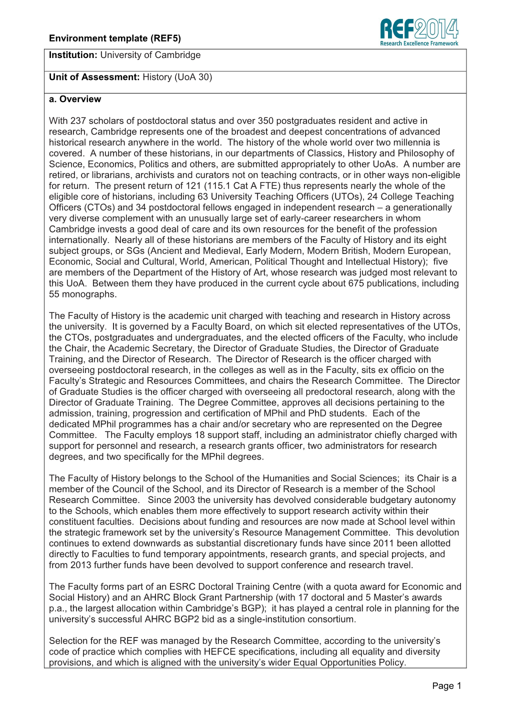 Environment Template (REF5) Institution: University of Cambridge