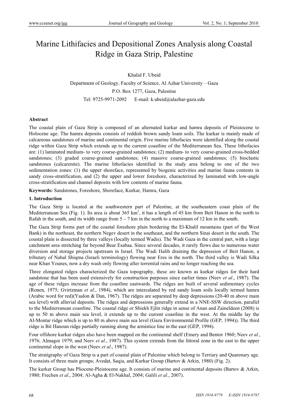 Marine Lithifacies and Depositional Zones Analysis Along Coastal Ridge in Gaza Strip, Palestine