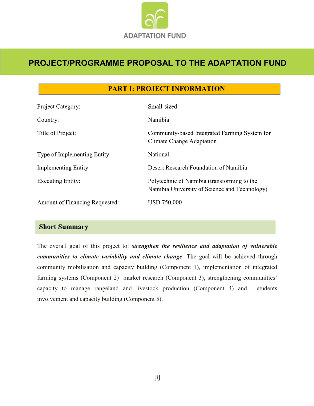 Project/Programme Proposal to the Adaptation Fund