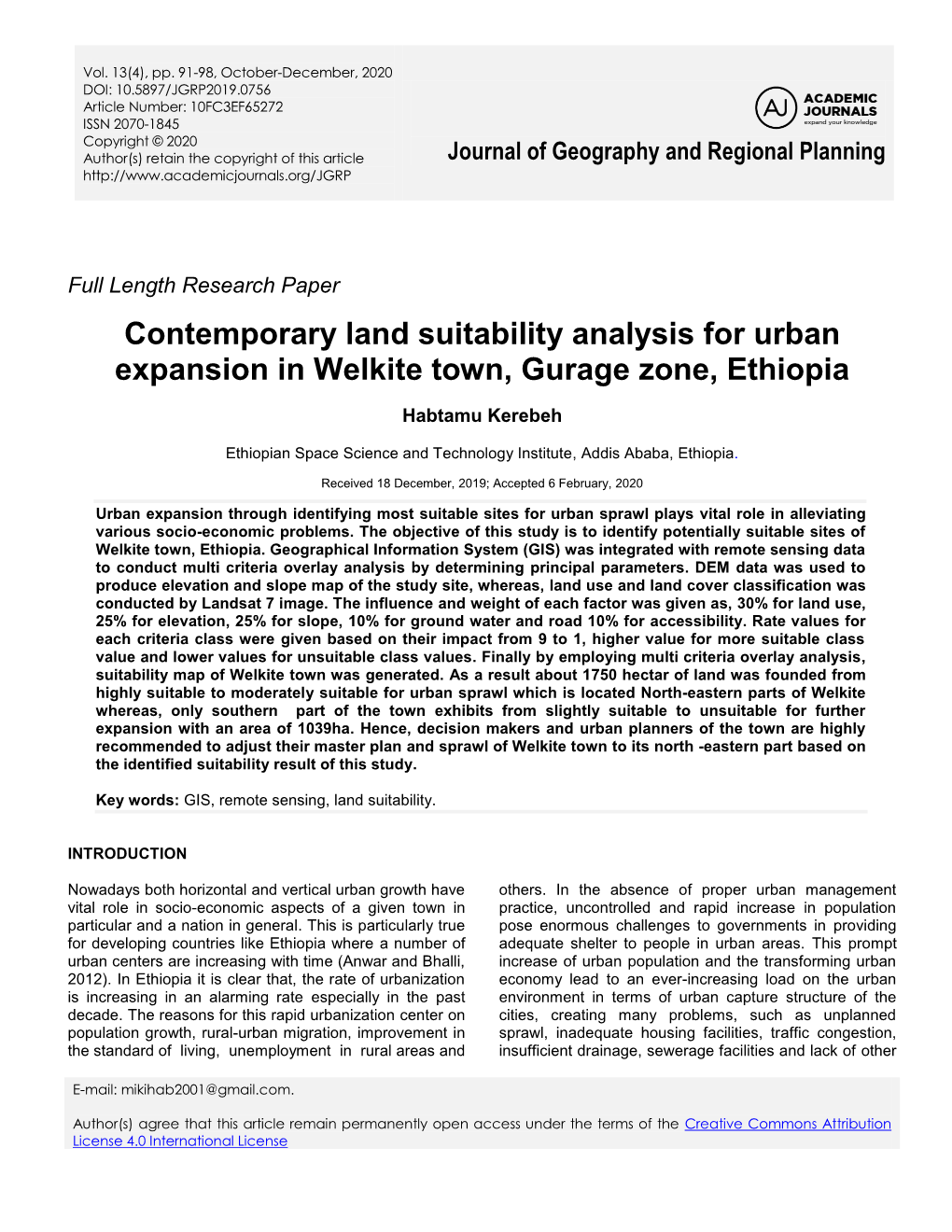 Contemporary Land Suitability Analysis for Urban Expansion in Welkite Town, Gurage Zone, Ethiopia