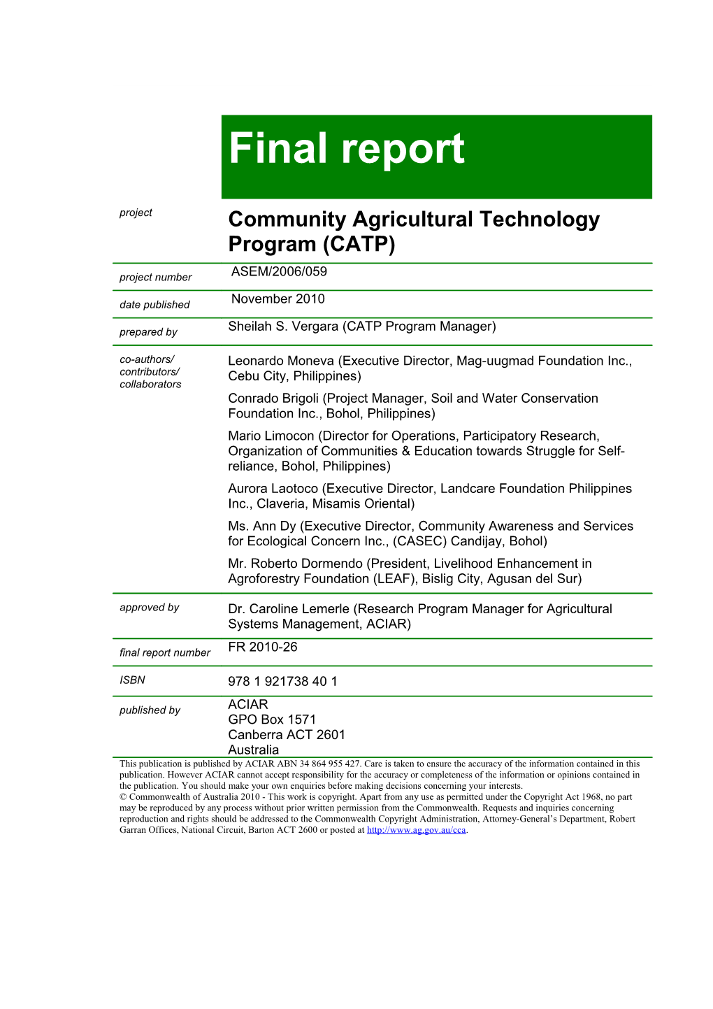 Final Report: Community Agricultural Technology Program (CATP)